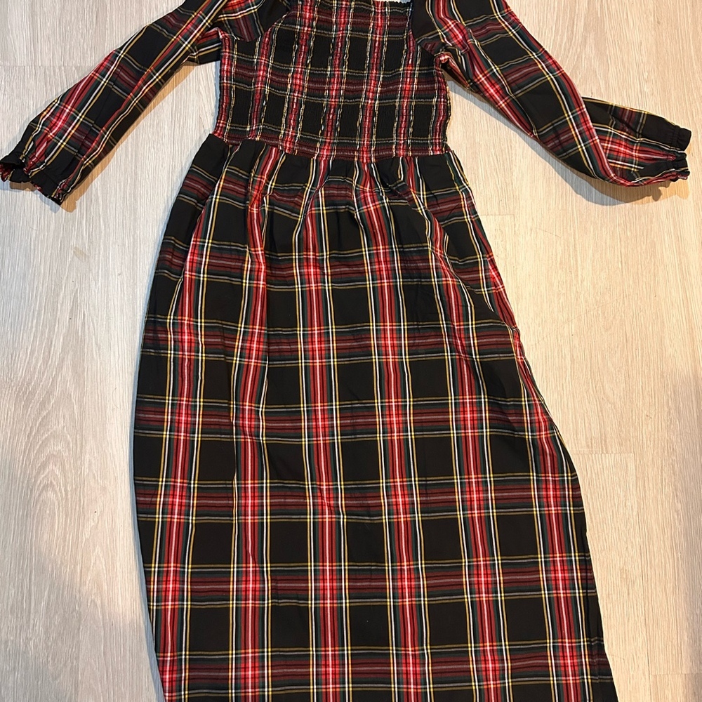 NWT J. Crew Stewart Tartan Plaid Smocked Midi Dres Sm Puff Sleeves Pockets